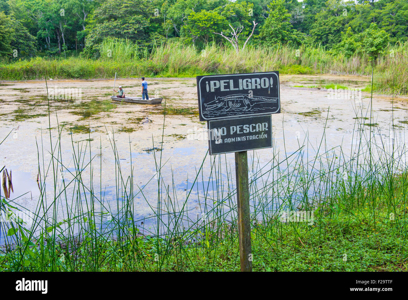 Krokodil-Warnschild in der Nähe von einem künstlichen Teich im Nationalpark Tikal Guatemala Stockfoto