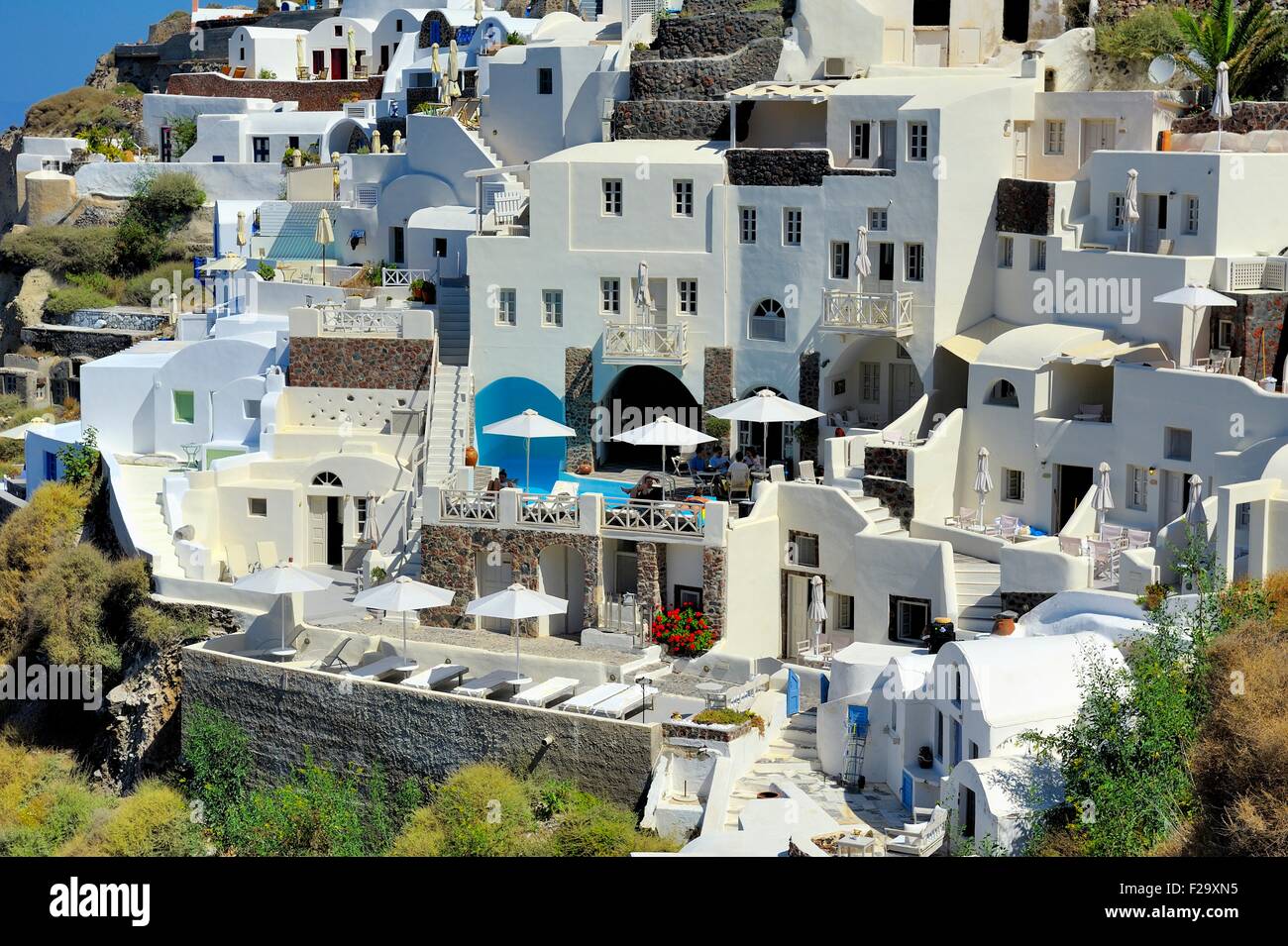 Luxus Urlaubsunterkunft im Dorf Oia Santorini Griechenland Stockfoto