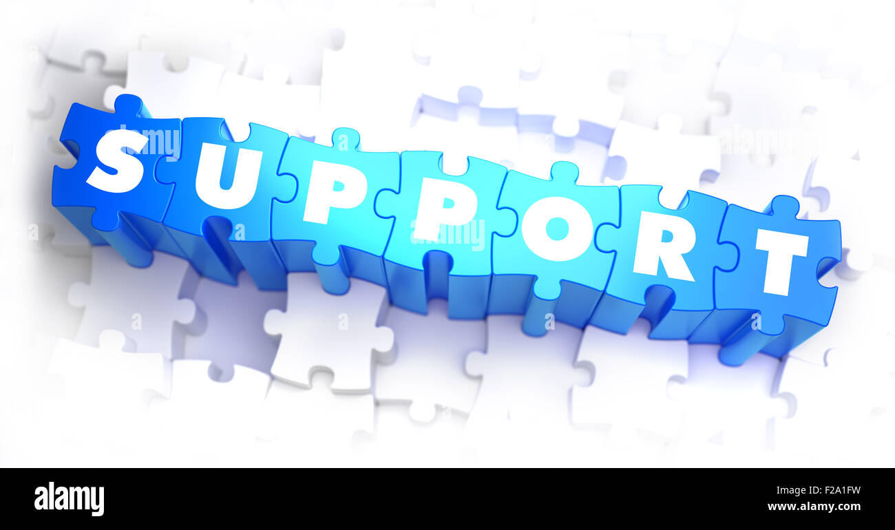 Unterstützung - Rätsel weiß Wort auf blau. Stockfoto