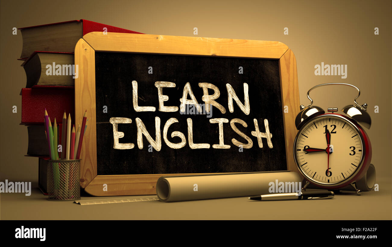 Lernen Sie Englisch Konzept Hand auf Tafel gezeichnet. Stockfoto