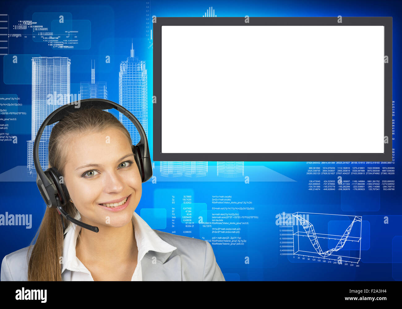 Lächelnde Businesslady Kopfhörer Stockfoto