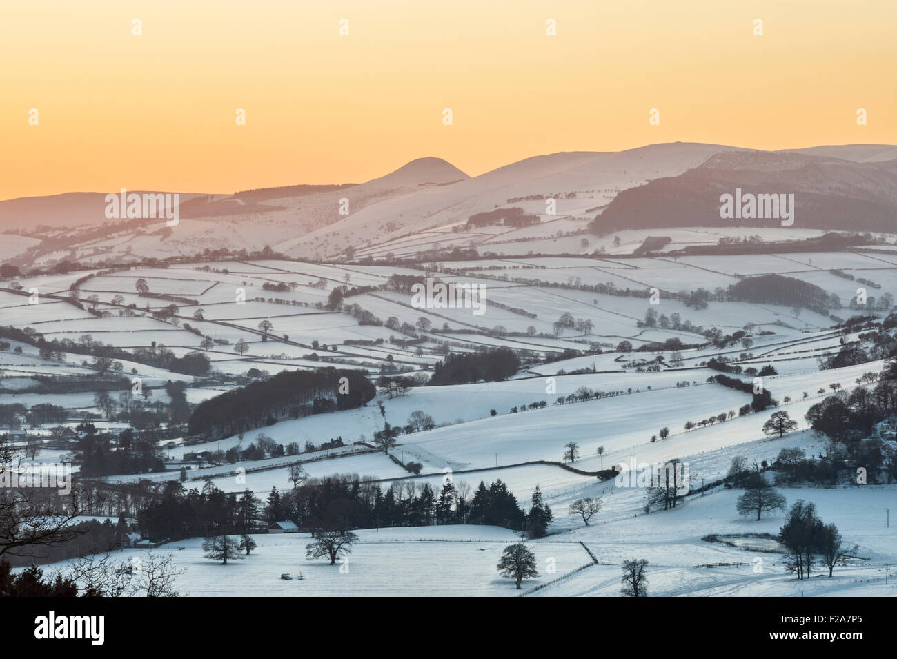 Winter Sonnenuntergang auf Stonewall Hügel, die Grenzen von Herefordshire und Powys, in der Nähe von Knighton. Die entfernte konische Hügel ist der Whimble Stockfoto