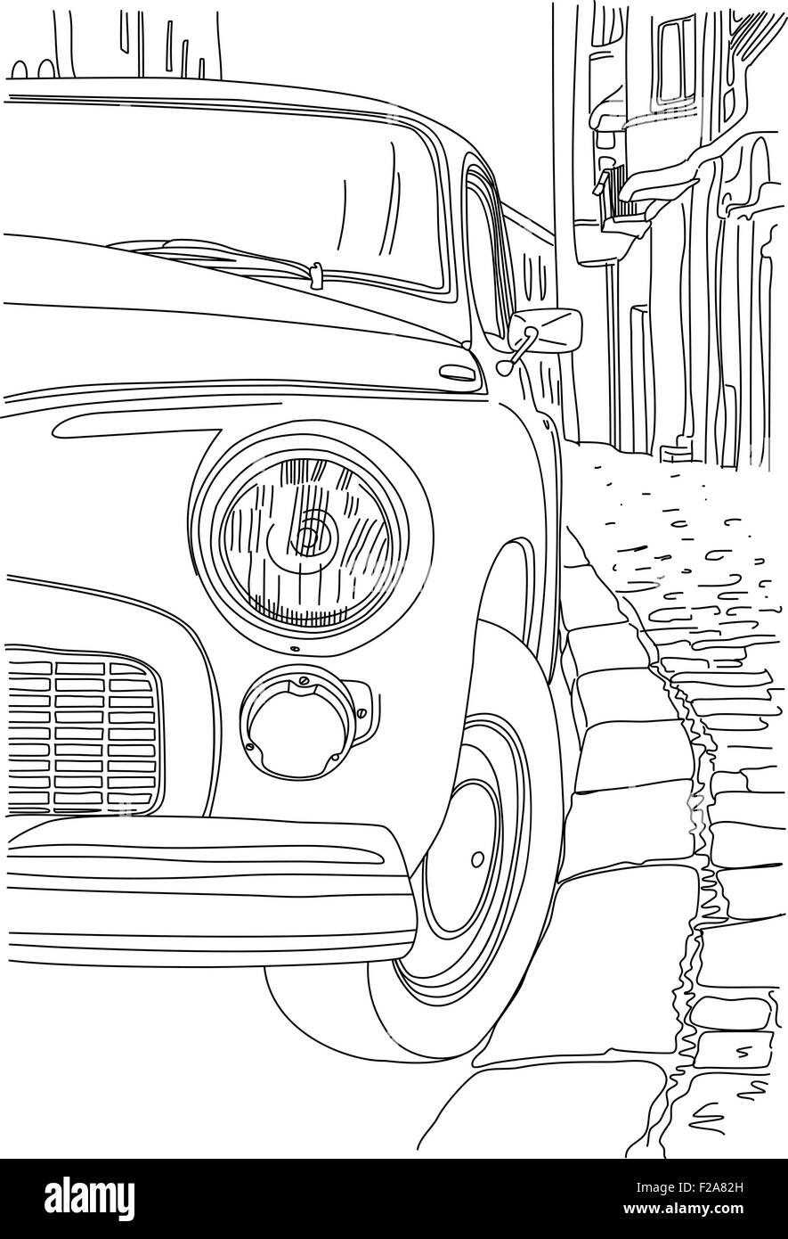 Eine Skizze der alten Autos in der Nähe der Bürgersteig geparkt Stock Vektor