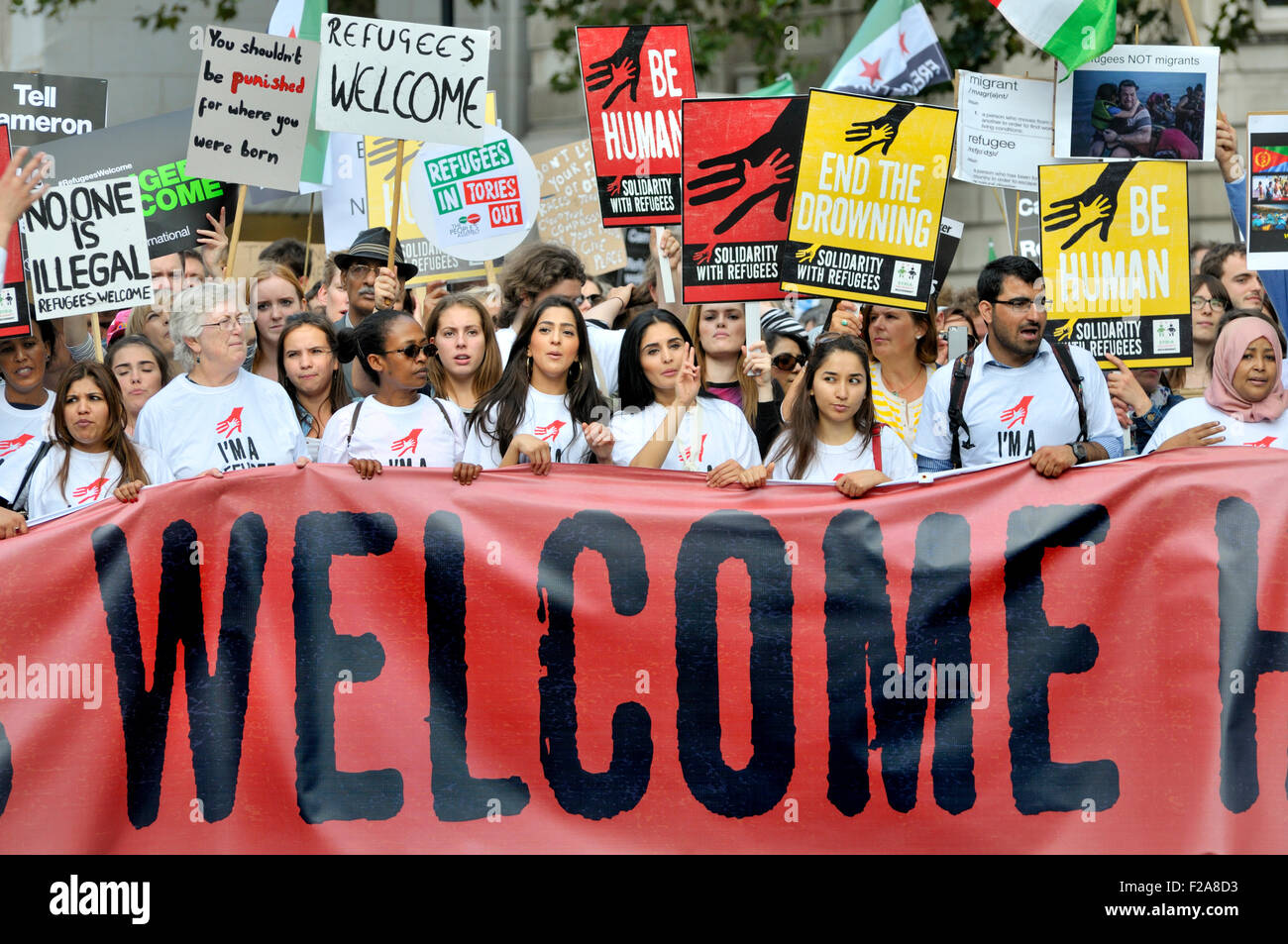 London, 12. September 2015. "Flüchtlinge willkommen hier" Rallye, März von Marble Arch, Parliament Square Stockfoto
