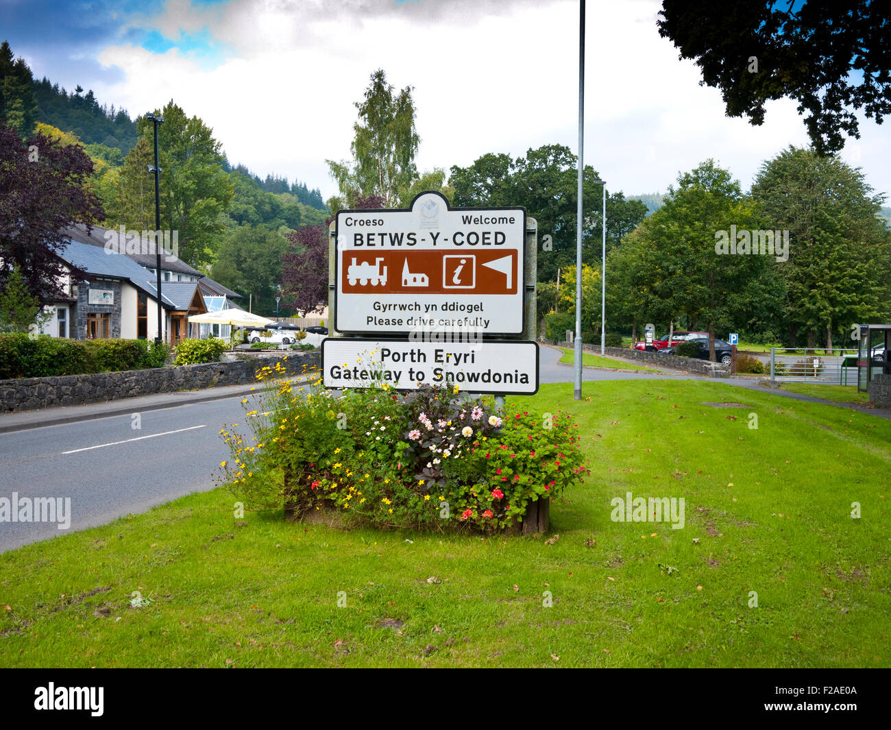 Hinweisschild in Betws-y-Coed, North Wales, UK. Stockfoto