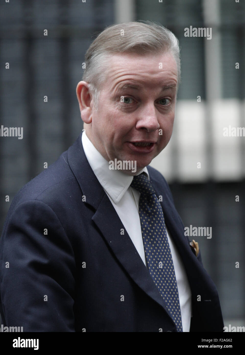 London, UK, 15. September 2015: Michael Gove MP, Lordkanzler und Staatssekretär für Justiz, gesehen an den Schrank Teepausen Stockfoto