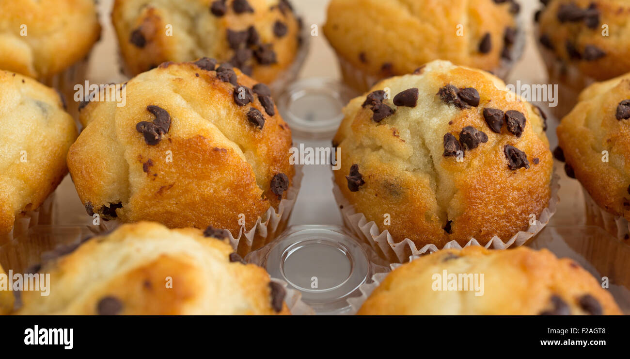 Mehrere frisch gebacken und verpackt chocolate Chip Muffins. Stockfoto