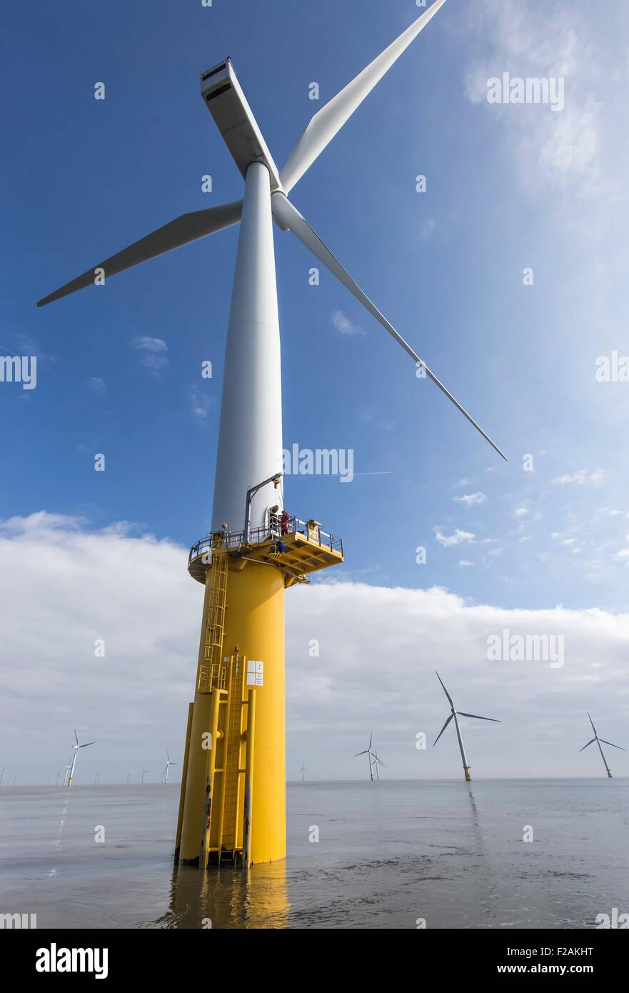 Ingenieur Klettern Windkraftanlage vom Boot am Offshore-Windpark Stockfoto