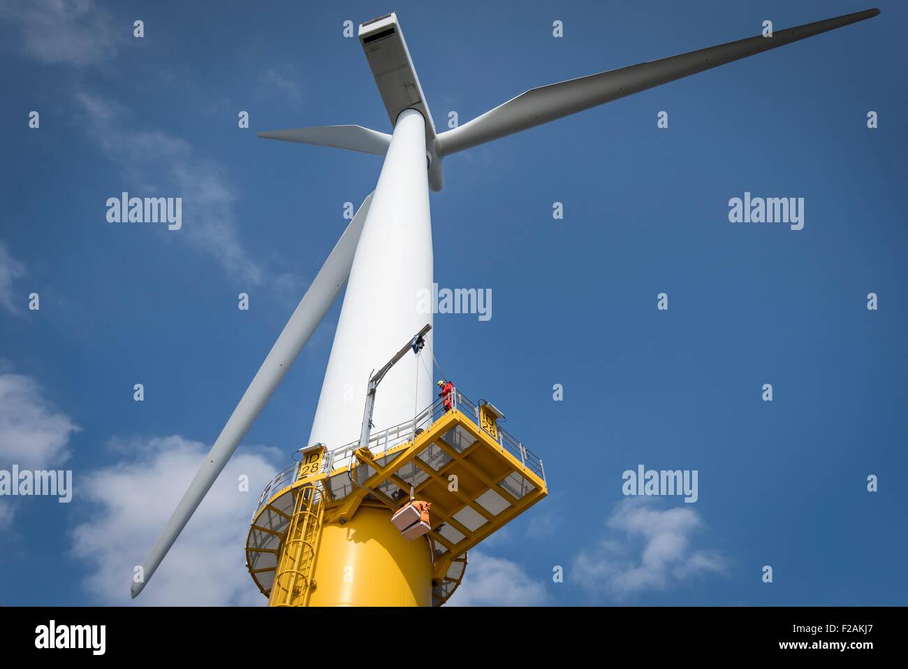 Ingenieur auf Windkraftanlagen im Offshore-Windpark, niedrigen Winkel Ansicht Stockfoto