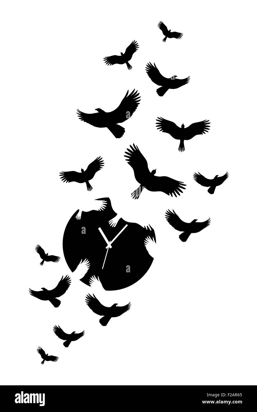 die Zeit vergeht, Uhr mit fliegenden Vögel Stockfoto