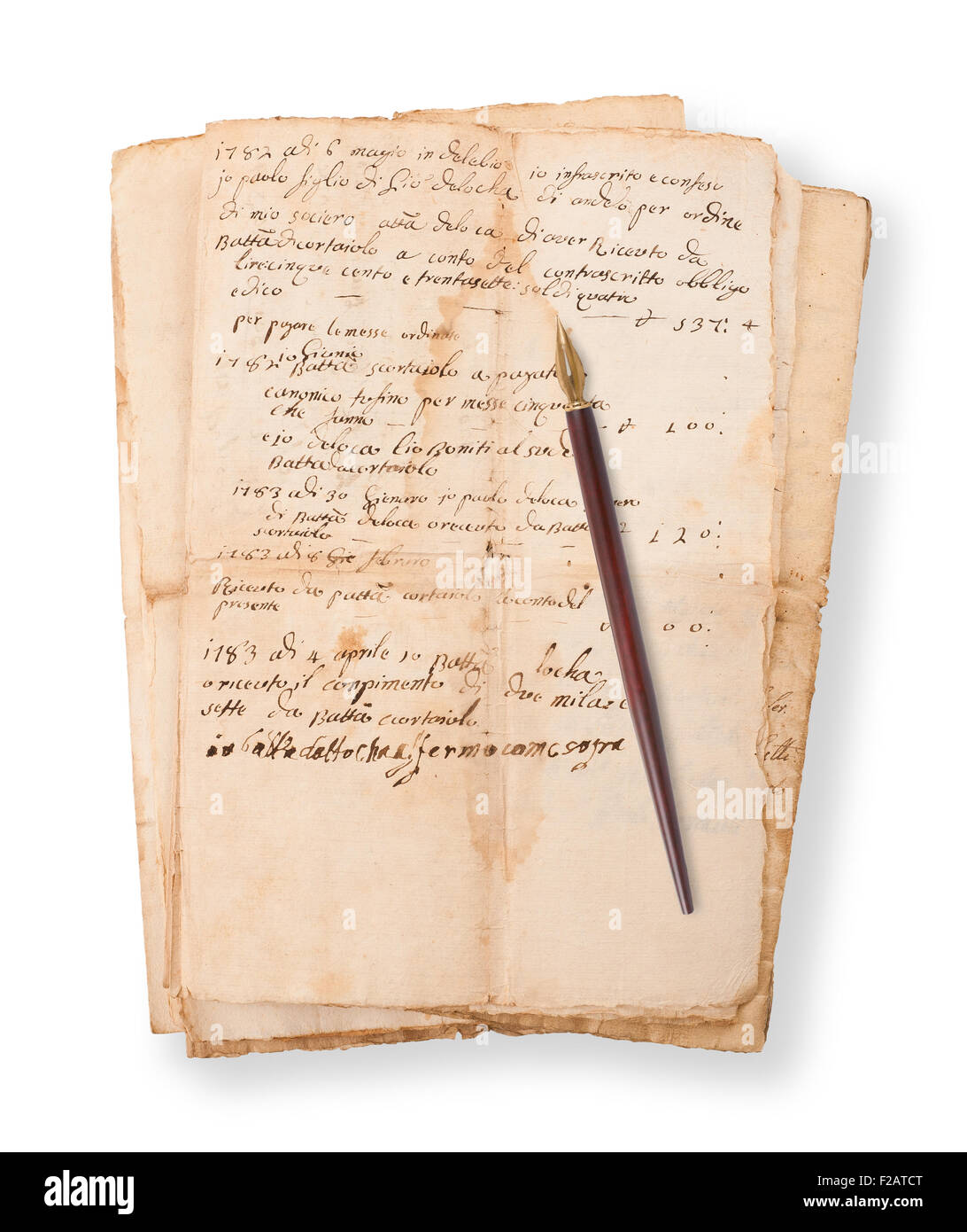 Alte Mauscripts mit Spitze isoliert auf weiss Stockfoto