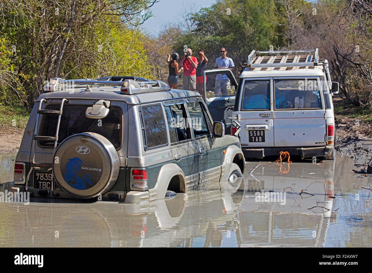 Allrad-Fahrzeug herausziehen Geländewagen Schlamm auf unbefestigten Straße von Morondava nach Toliara, Menabe, Madagaskar, Afrika Stockfoto