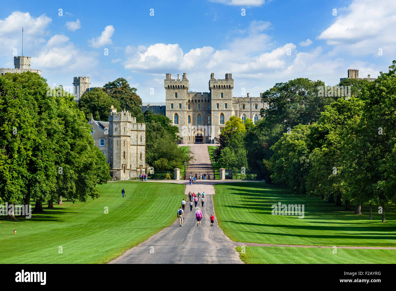 Wanderer auf der Long Walk mit Windsor Castle in die Ferne, Windsor Great Park, Berkshire, England, UK Stockfoto