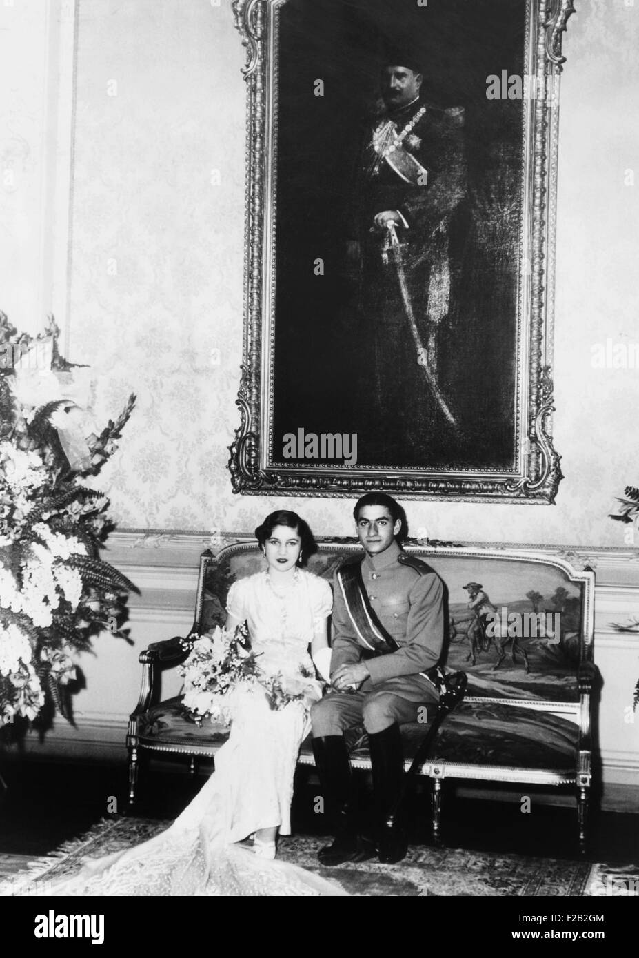 Kronprinz Mohammed Reza der Iran und seine ägyptische Braut, Prinzessin Fawzia. Sie ist die Schwester von König Farouk von Ägypten und der erste von drei Frauen den zukünftigen Schah von Persien. 30. März 1939. (CSU 2015 8 516) Stockfoto
