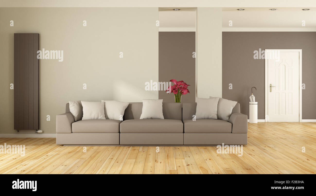 Modernes Wohnzimmer mit Sofa, Heizung und Haustür - 3D Rendering Stockfoto