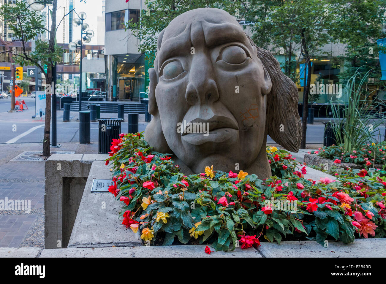 Steinskulptur von Galts Goldsmith, Innenstadt, Calgary, Alberta, Kanada Stockfoto