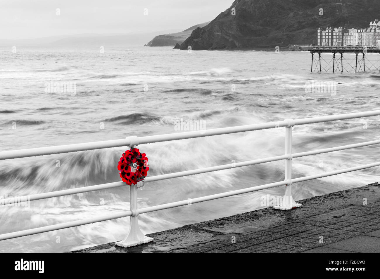 Mohn Kranz hängen am Meer Geländer am Volkstrauertag UK Stockfoto