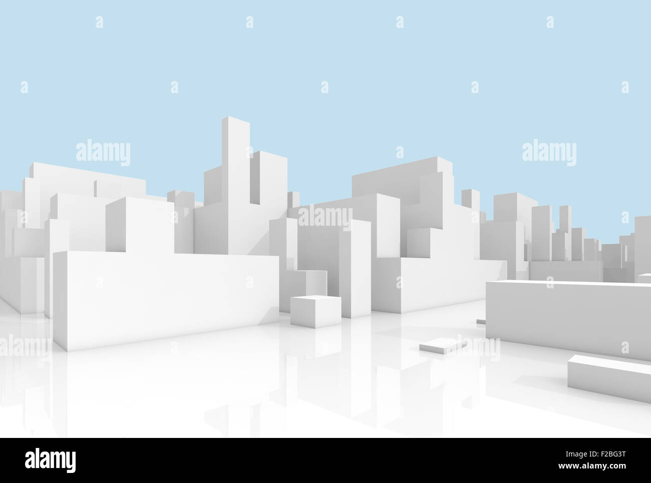 Abstrakt weiß schematische 3d Stadtbild über hellblauen Himmelshintergrund Stockfoto