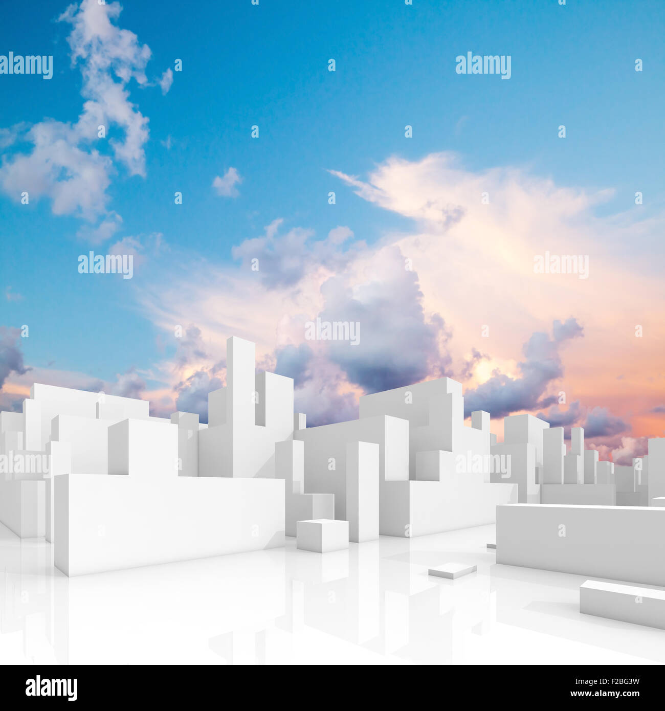 Abstrakt weiß schematische 3d Stadtansicht, quadratische Zusammensetzung mit natürlichen hellen bewölkten Himmel auf einem Hintergrund Stockfoto