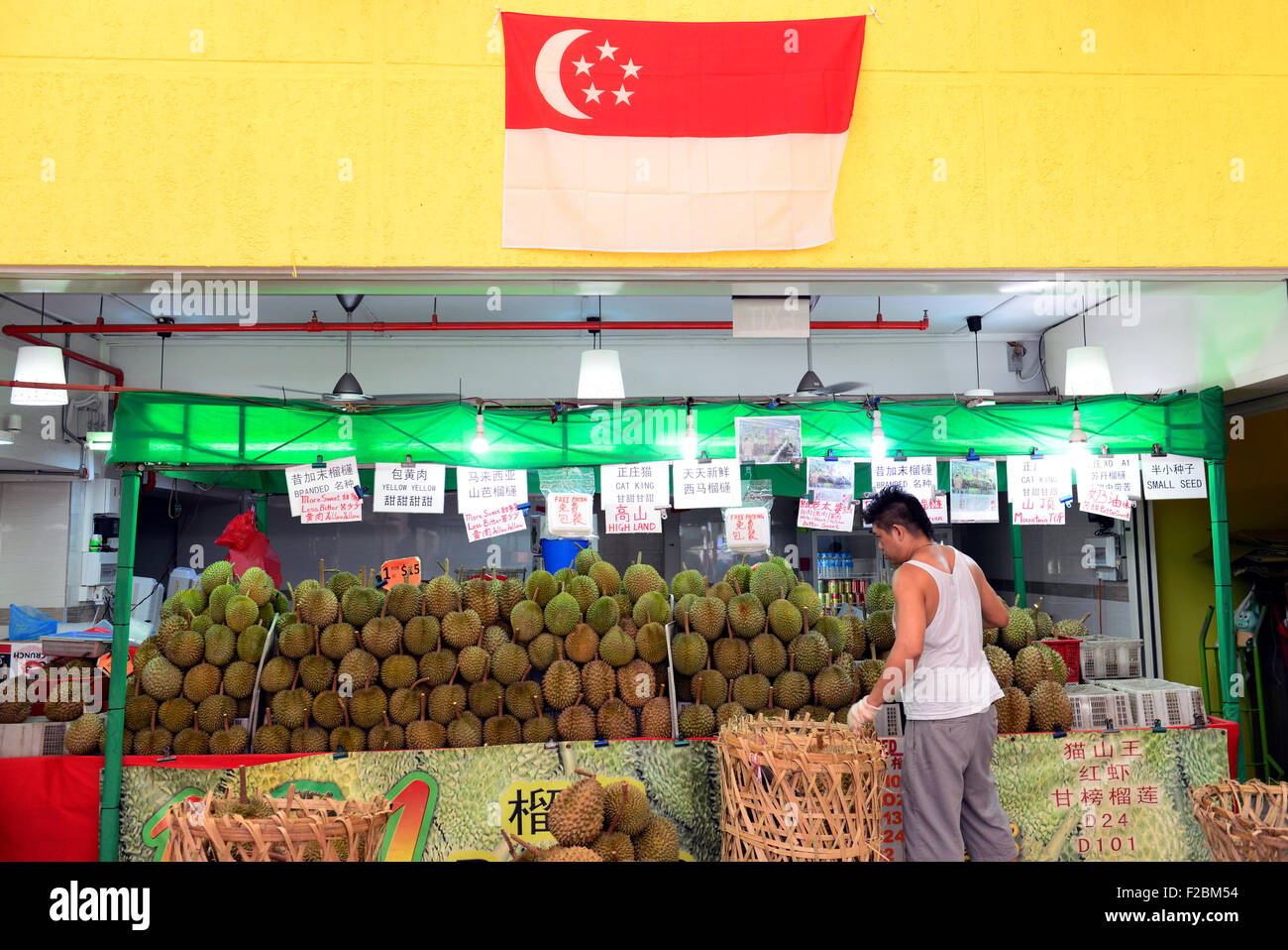 Durian-Stall in Chinatown in Singapur. Stockfoto