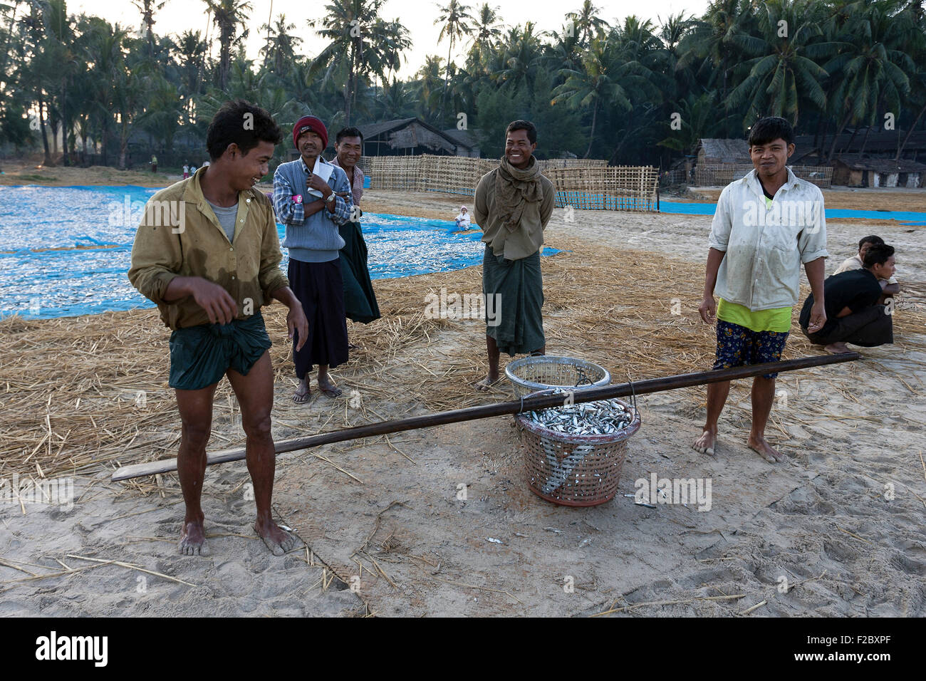 Ureinwohner in den frühen Morgenstunden, um einen Korb voller Fische, stehend Ngapali, Thandwe, Rakhine State in Myanmar Stockfoto
