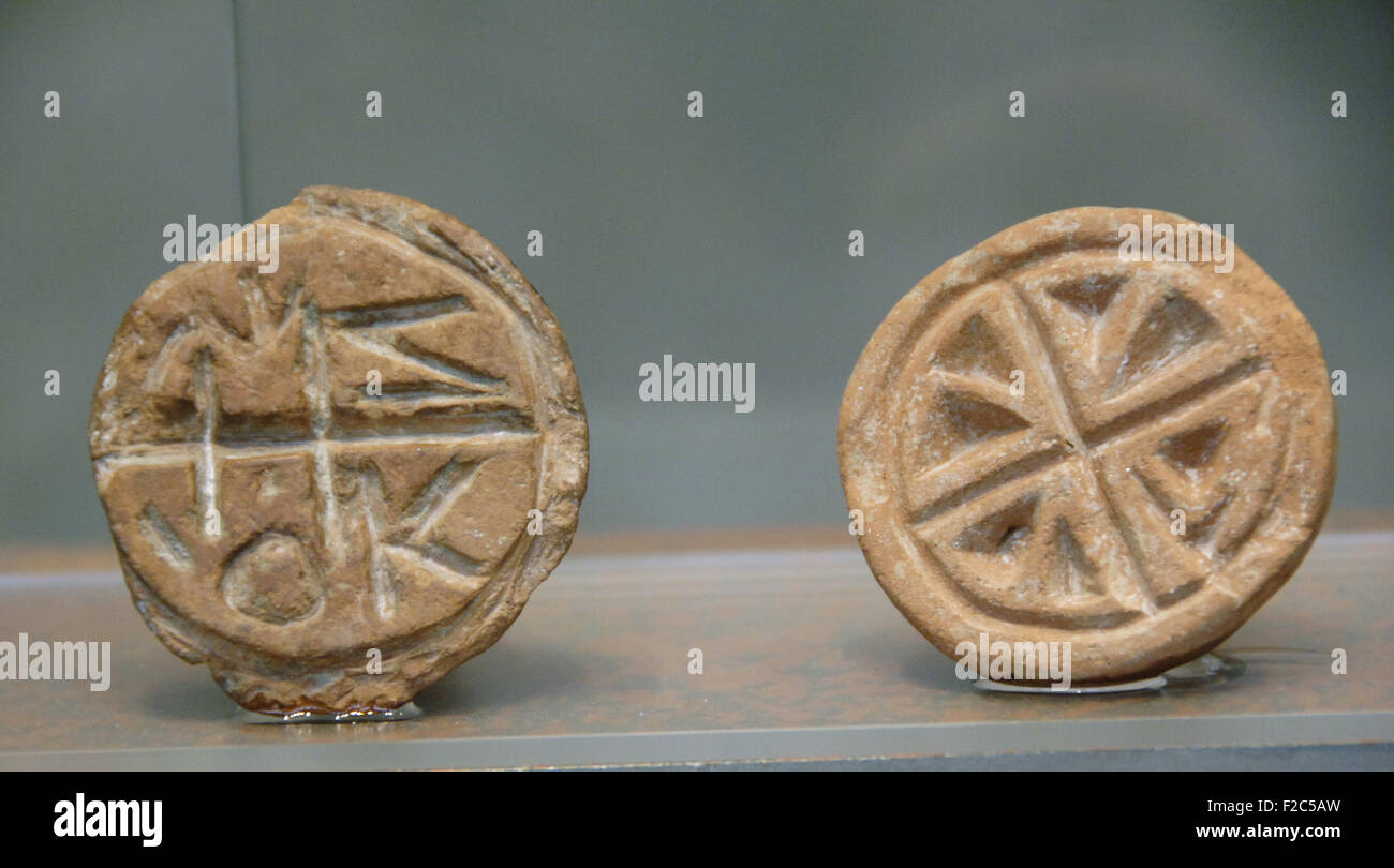 Frühe christliche Kunst.  Griechenland. Clay Briefmarken. 6.-7. Jahrhundert. Byzantinische Museum. Athen. Griechenland. Stockfoto