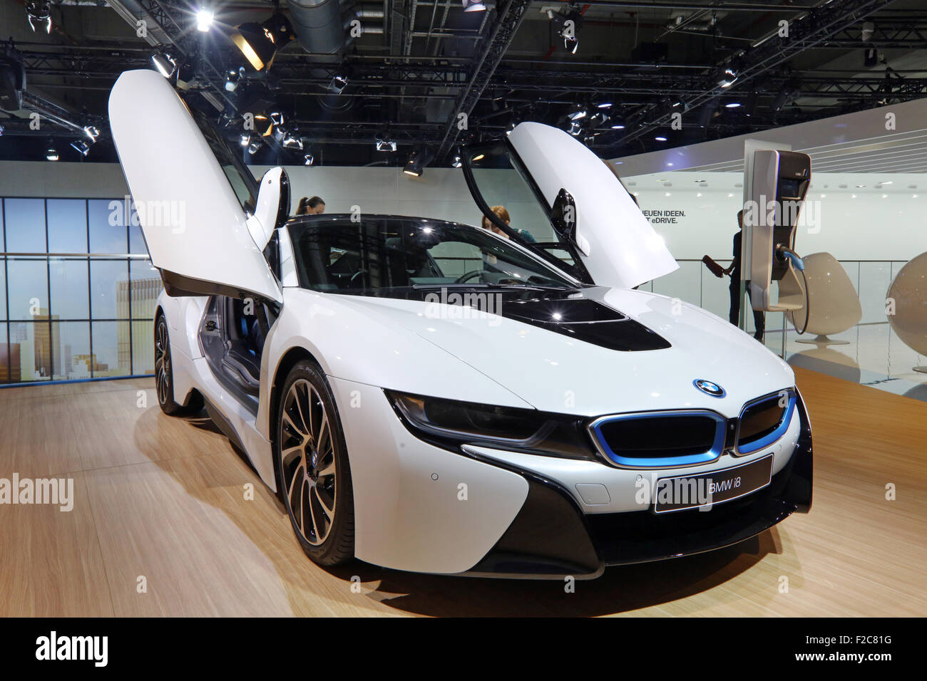 Frankfurt/M, 16.09.2015 - Hybrid Konzeptfahrzeug BMW i8 auf dem BMW-Stand auf der 66. internationalen Motor Show IAA 2015 (Internationale Automobil Ausstellung, IAA) in Frankfurt/Main, Deutschland Stockfoto