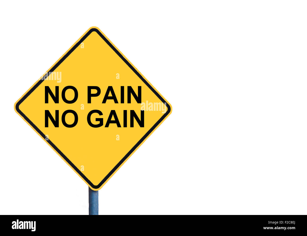 Gelbes Schild mit NO PAIN NO gewinnen Nachricht isoliert auf weißem Hintergrund Stockfoto