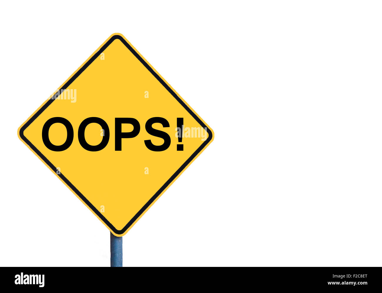 Gelbes Schild mit OOPS-Meldung isoliert auf weißem Hintergrund Stockfoto