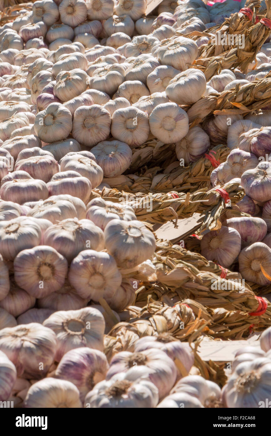 Knoblauch-Saiten auf dem Display für Verkauf am Bauernmarkt Stockfoto