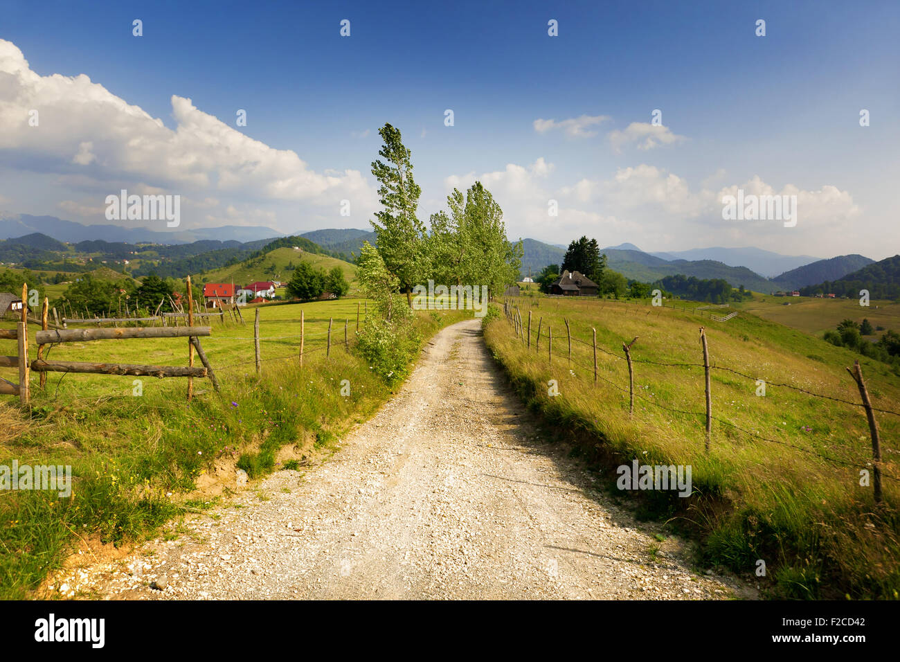 Ländliche Landschaft aus Rumänien - Dorfstraße und Grünland Stockfoto