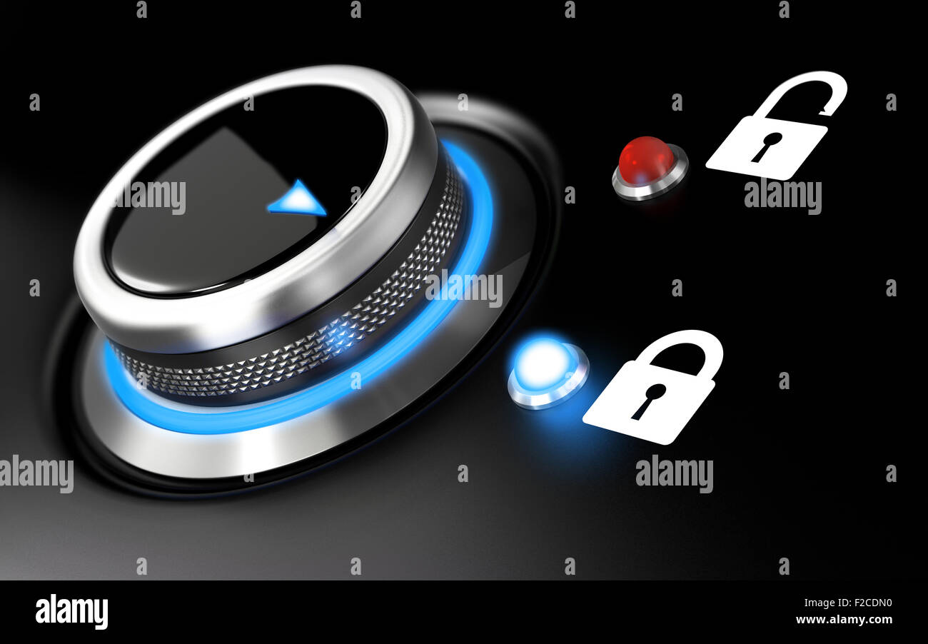 Daten Schutz Bild. Konzeptionelle Darstellung mit einem Knopf und zwei Vorhängeschloss auf schwarzem Hintergrund. Unschärfe-Effekt und Blaulicht. Stockfoto