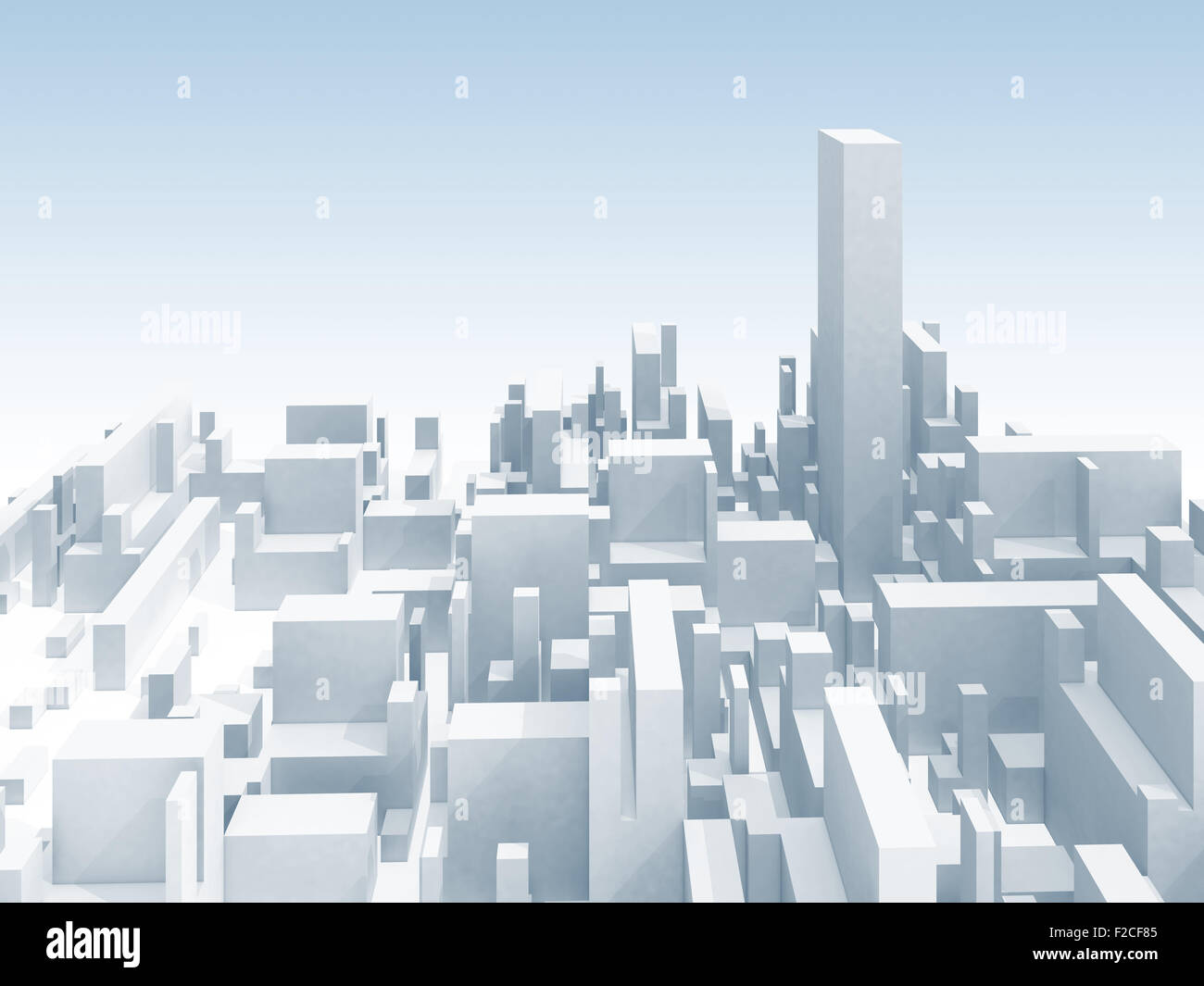 Abstrakte schematische weiß 3d Stadtbild Skyline mit einem der höchsten Wolkenkratzer Stockfoto