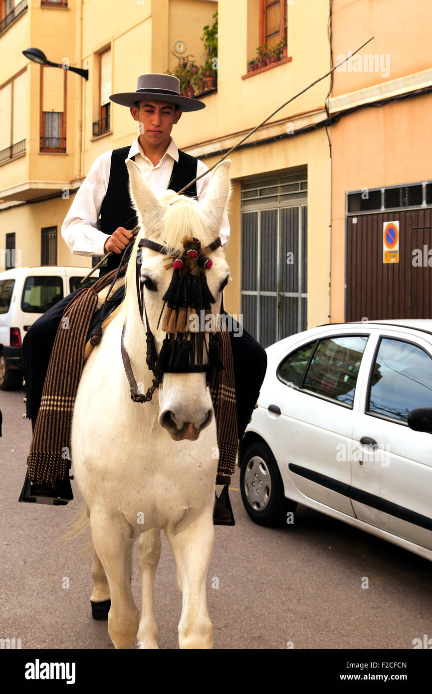 Traditionelle spanische Pferd & Fahrer zur Segnung der Tiere in Nules Stockfoto