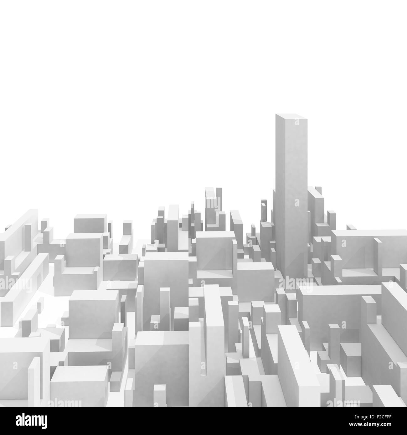 Abstrakte schematische weiß 3d Stadtbild Skyline mit einem der höchsten Wolkenkratzer, die isoliert auf weiss Stockfoto
