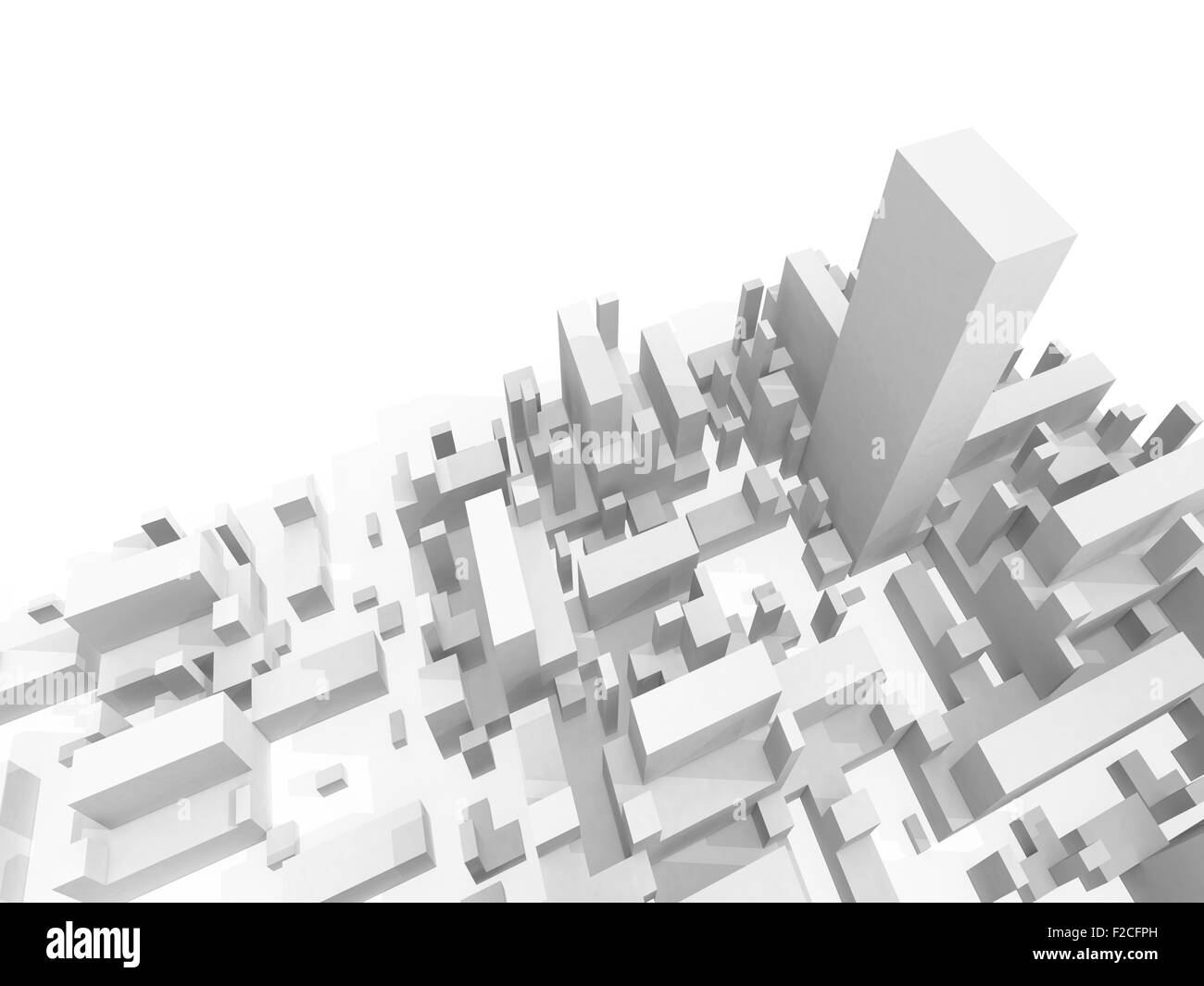 Abstrakte schematische weiß 3d Stadtbild mit einem der höchsten Wolkenkratzer Stockfoto