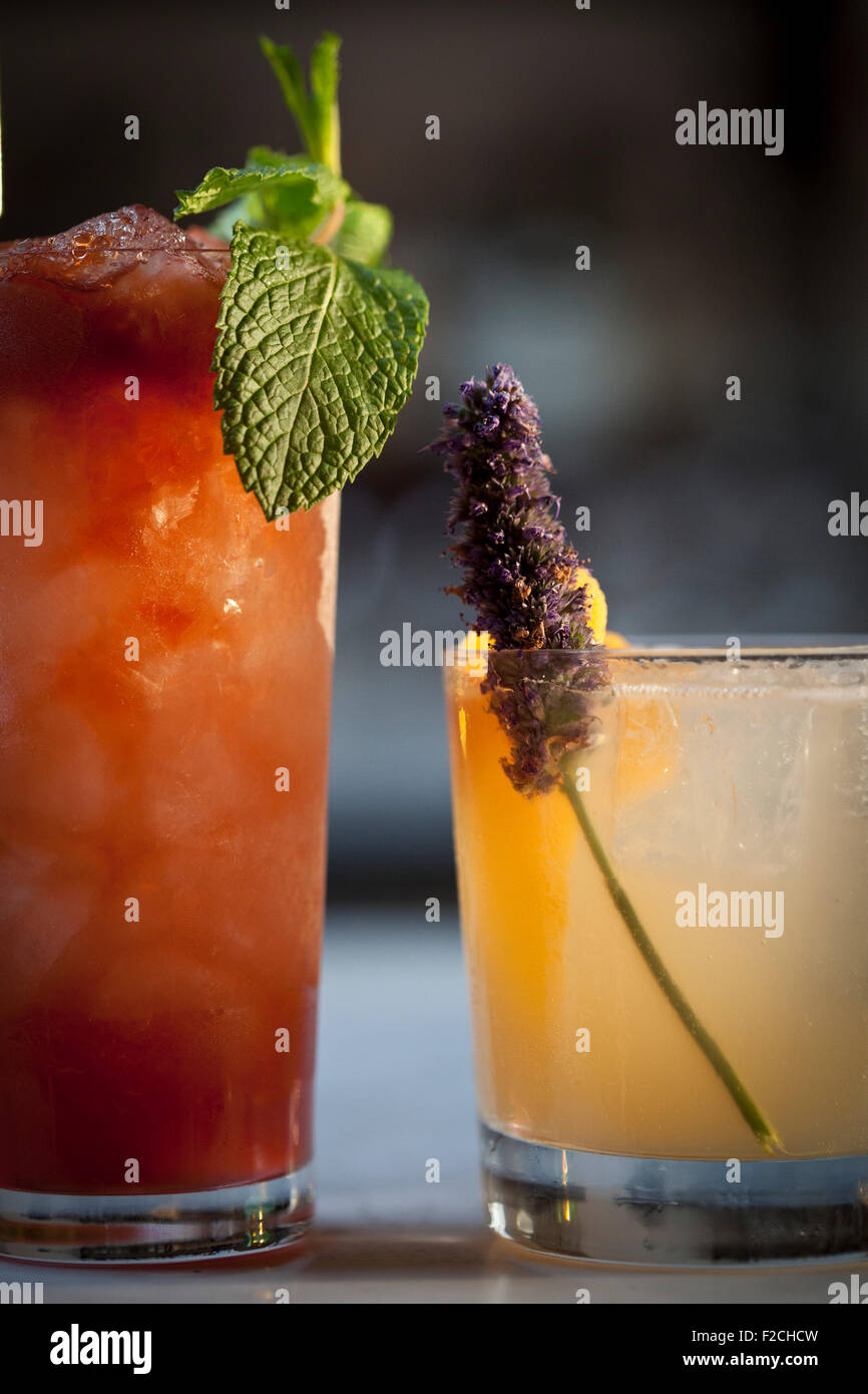 Seitenansicht von zwei Cocktails mit frischen Beilagen Stockfoto
