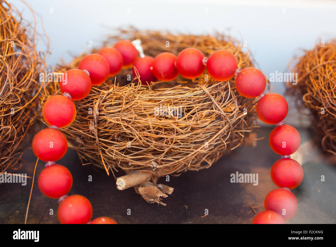 Nahaufnahme von roten Perlen Halskette auf nest Stockfoto