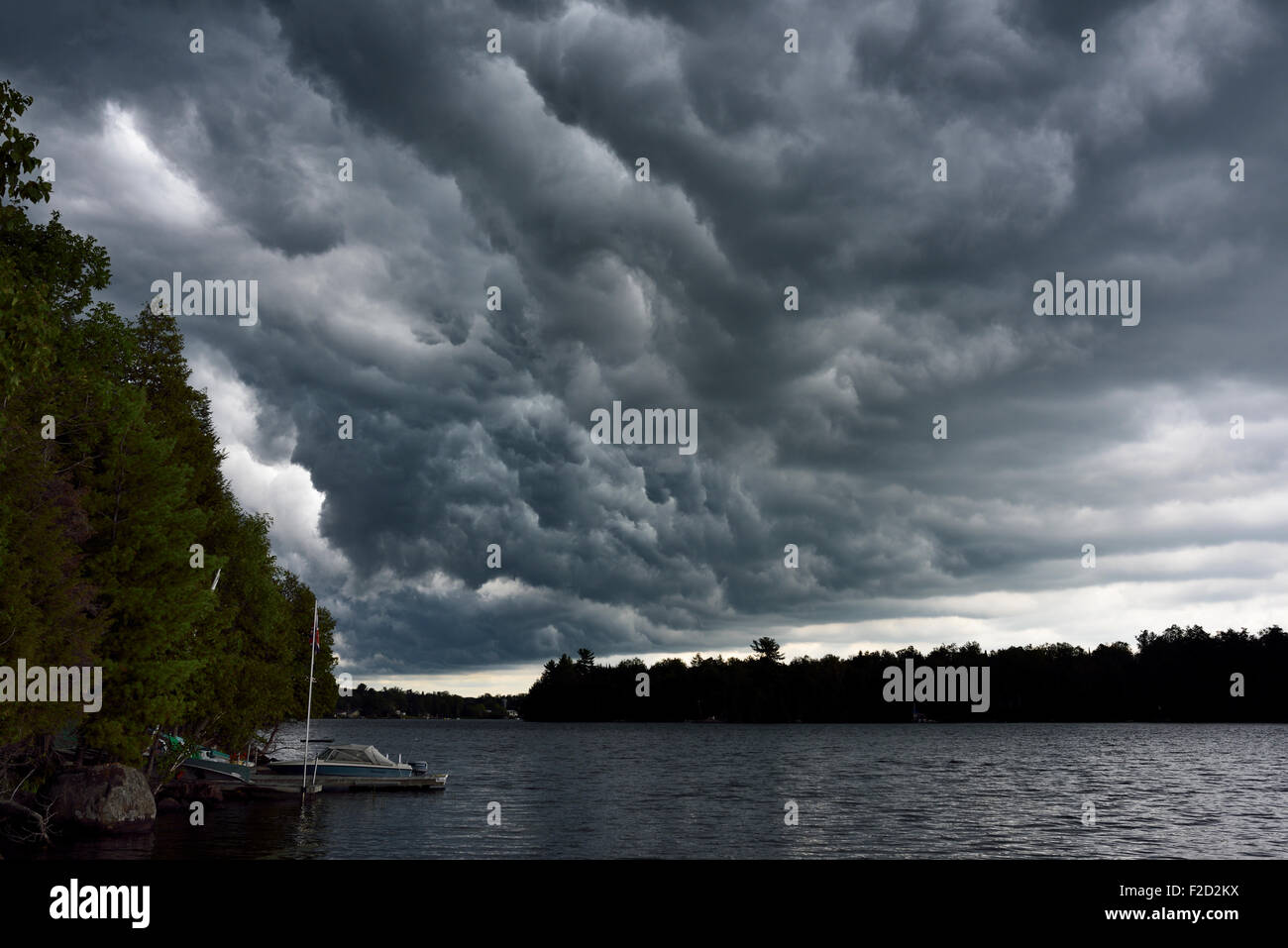 Frühen Stadien der dunkle Wolken vor einem schweren Gewitter über See Cecebe im Ferienhaus Land Magnetawan Ontario Kanada Stockfoto