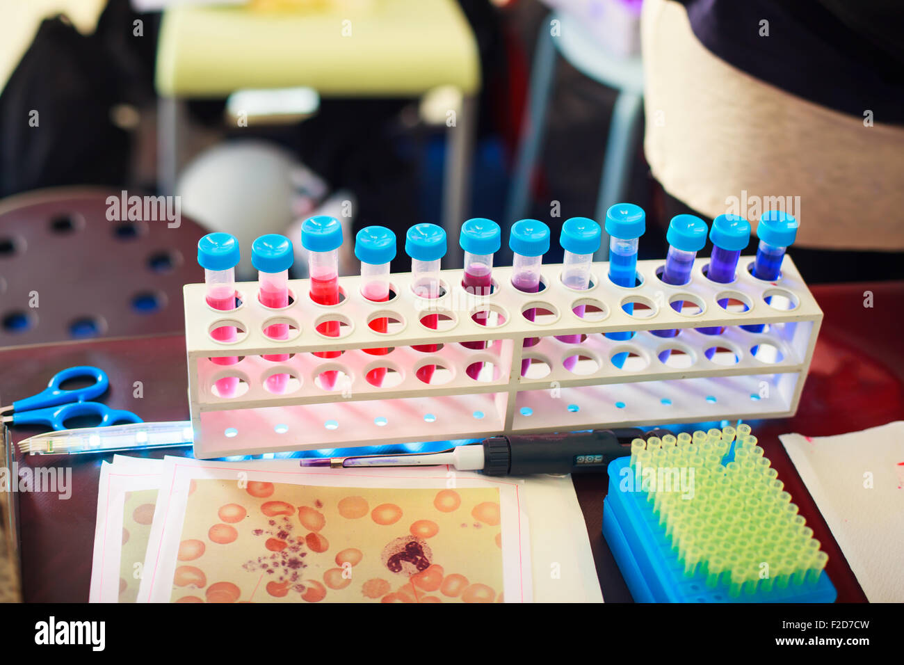 Nahaufnahme von Reagenzgläsern in Biochemie Labor Stockfoto