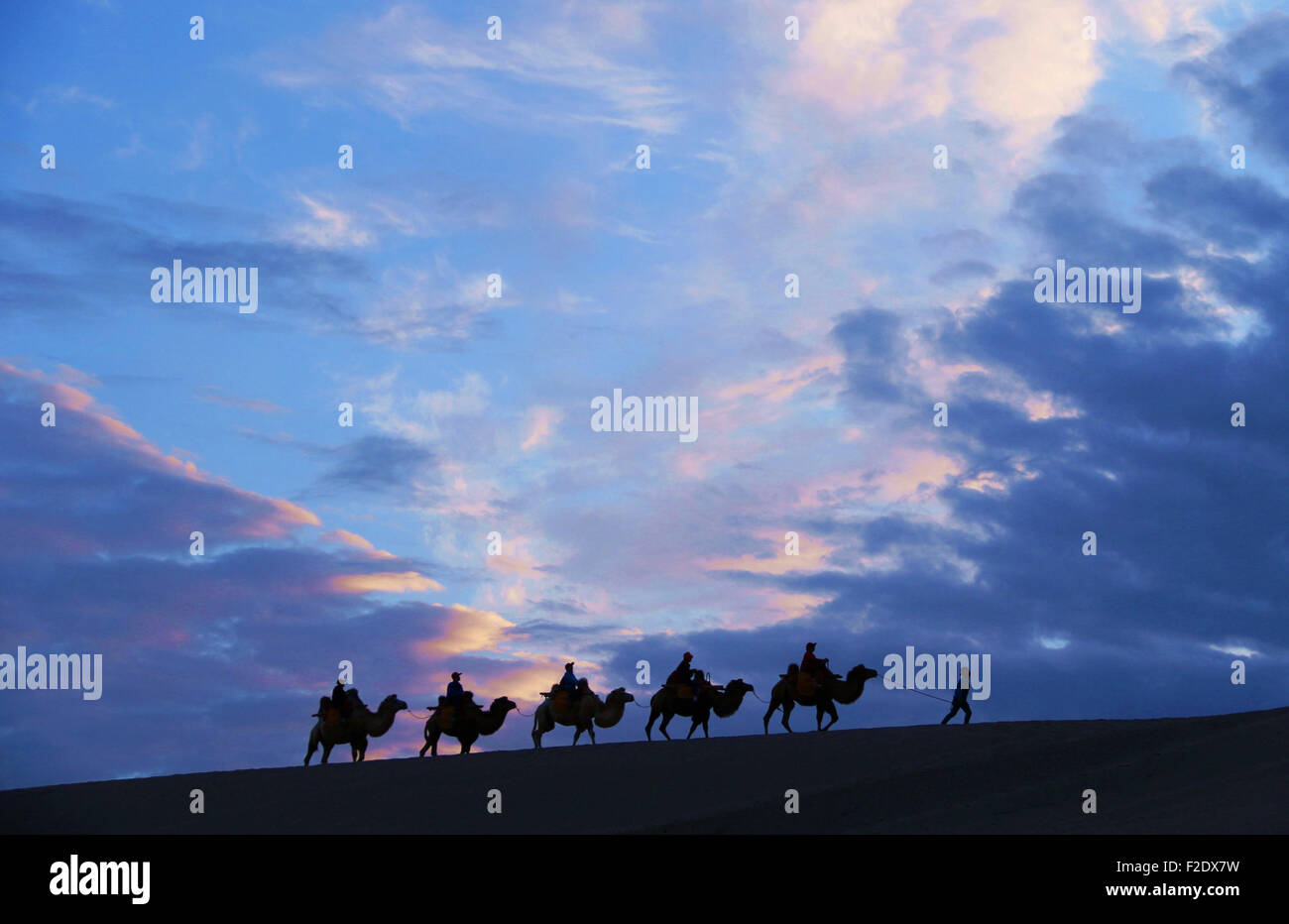 Jiuquan, Chinas Provinz Gansu. 16. Sep, 2015. Touristen fahren Kamele in den szenischen Bereich von crescent Frühling des Hügels berühmte in Dunhuang, Nordwesten Chinas Provinz Gansu, 16. September 2015. © Zhang Xiaoliang/Xinhua/Alamy Live-Nachrichten Stockfoto