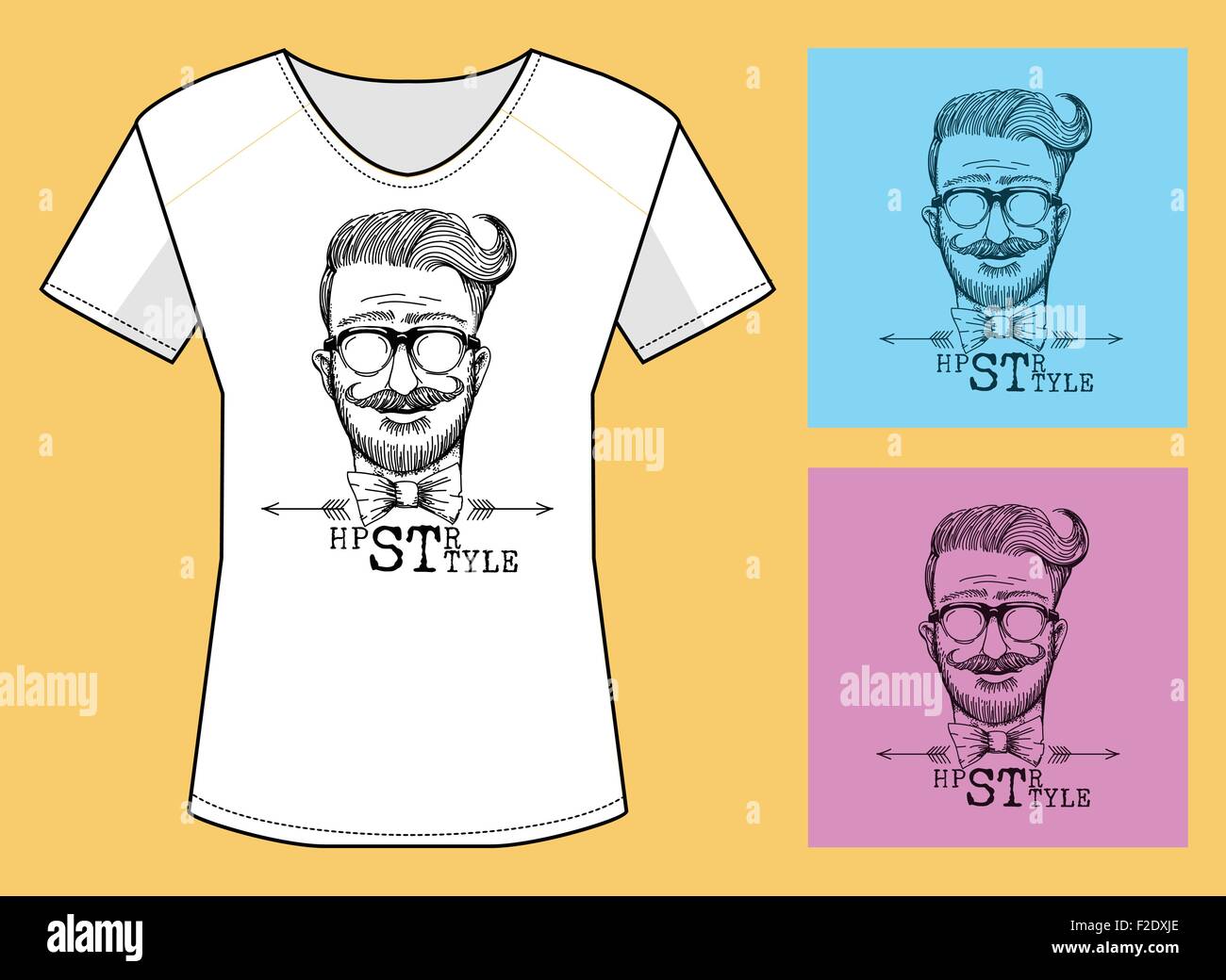 T-Shirt-Print-Design mit Kopf der Hipster und Schriftzug. Drei Farbvarianten. Stock Vektor