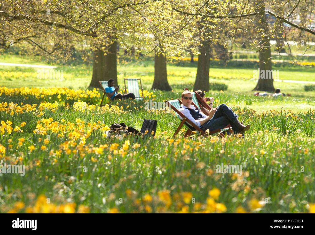 Menschen, die ein schönes Wetter im grünen Park, genießen, wie heute der heißeste Tag in London, England Stockfoto
