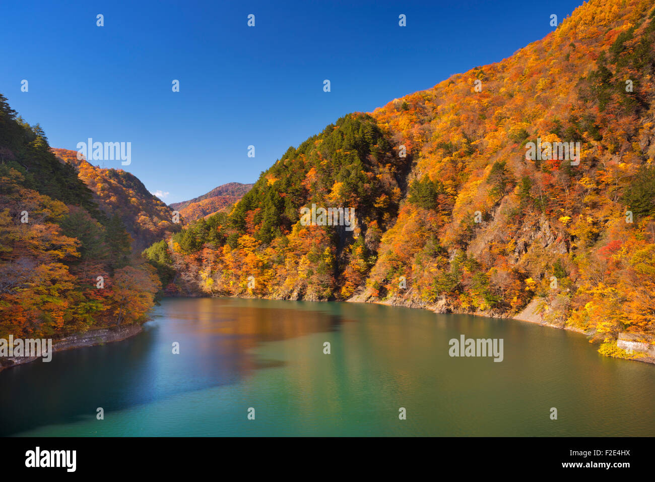 Leuchtenden Herbstfarben entlang des Azusa-Sees in den nördlichen japanischen Alpen. Stockfoto