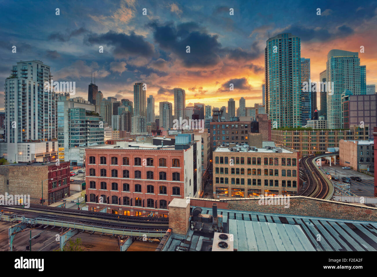 Downtown Chicago. Bild der modernen Innenstadt Distrikt von Chicago bei Sonnenaufgang. Stockfoto