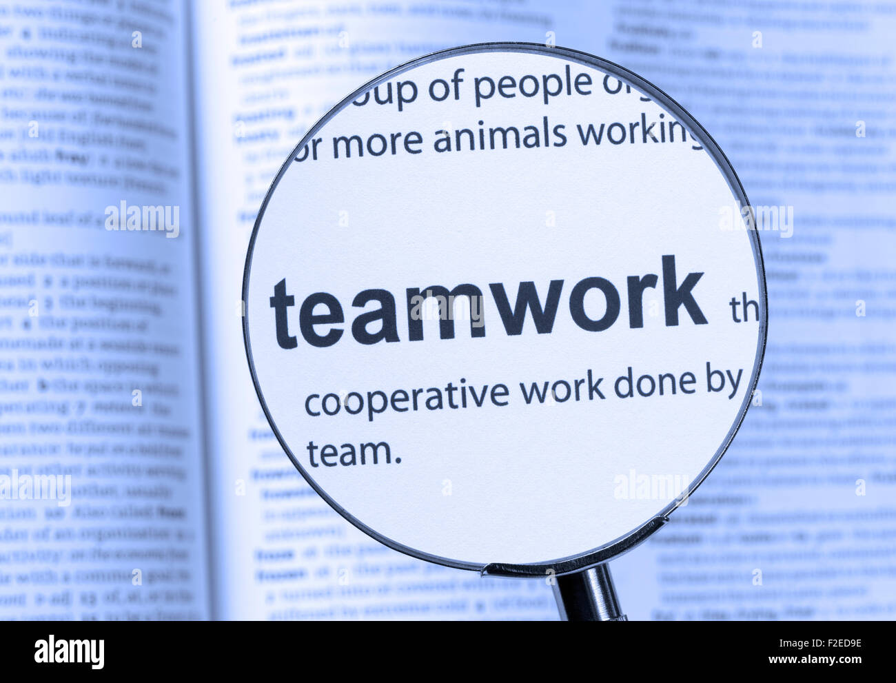 Teamwork Text hervorgehoben durch ein Vergrößerungsglas Stockfoto