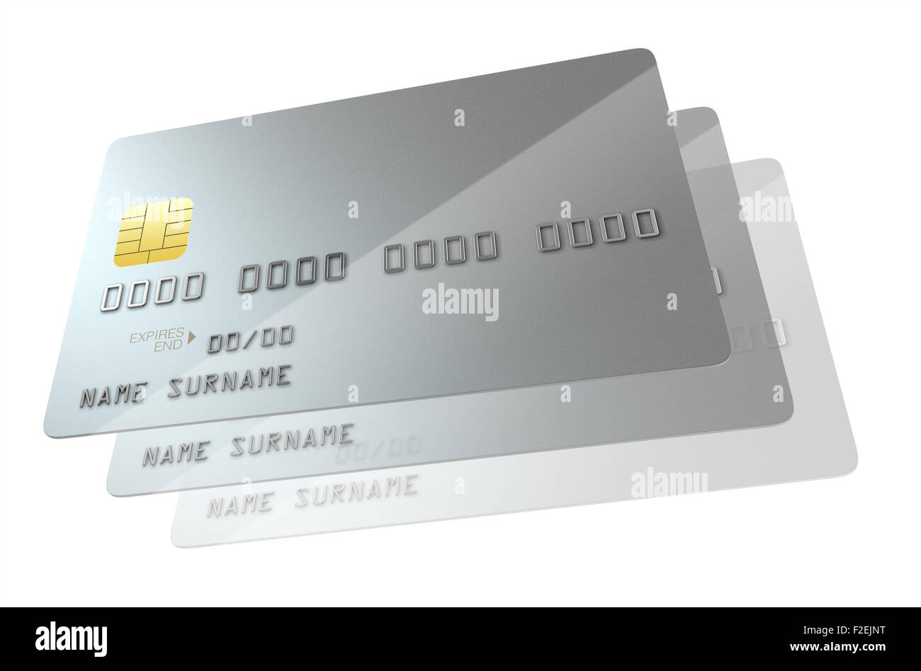 Eine Nahaufnahme einer Reihe von Silber generische leere Bank Kreditkarten bedeutet Klonen auf eine isolierte weiße Studio-Hintergrund Stockfoto