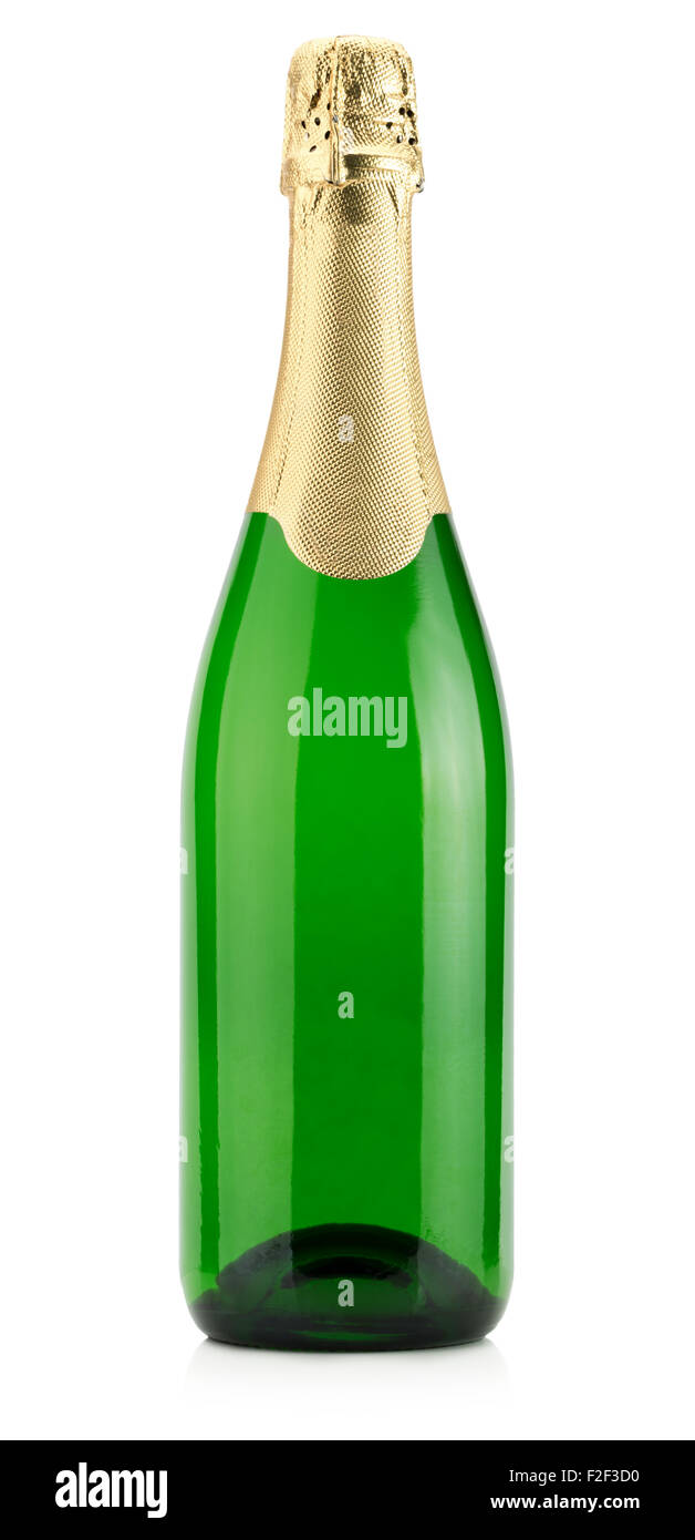 grüne Flasche Champagner auf dem weißen Hintergrund isoliert. Stockfoto