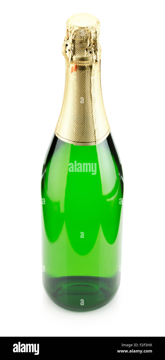 grüne Flasche Champagner auf dem weißen Hintergrund isoliert. Stockfoto