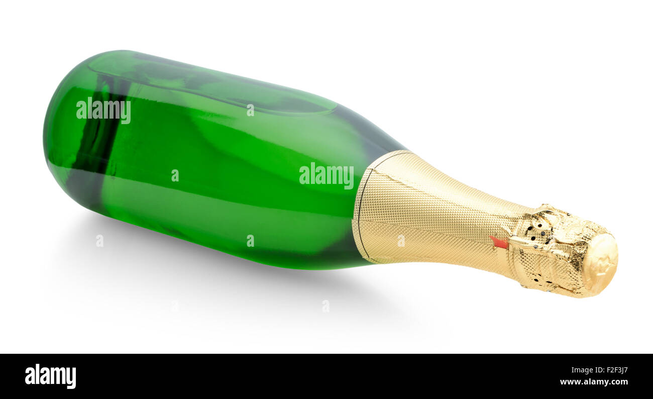 grüne Flasche Champagner auf dem weißen Hintergrund isoliert. Stockfoto